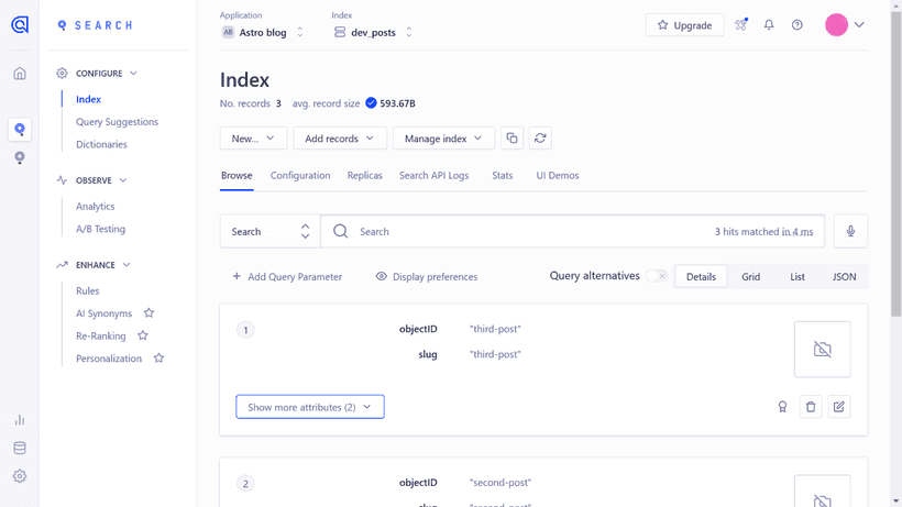 Index on Algolia