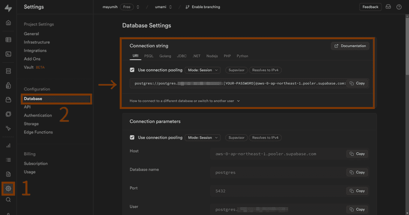 Settings page of Supabase