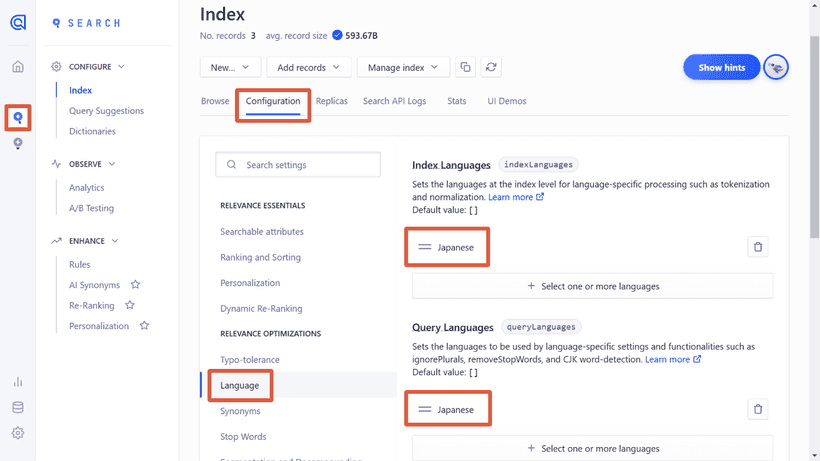 Algolia language settings