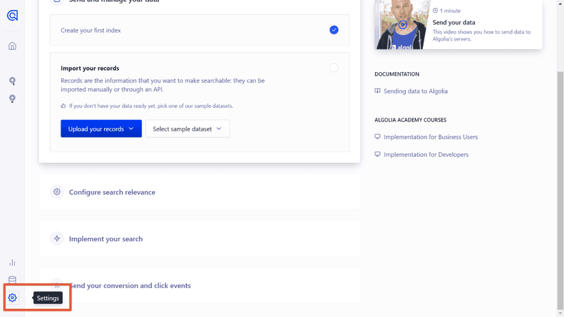 Creating an application on Algolia