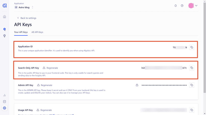 Algolia API KEYS