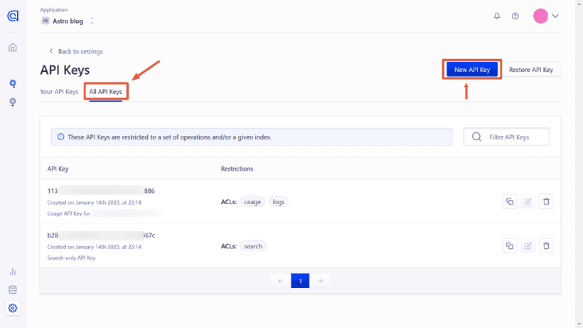 Creating API keys on Algolia