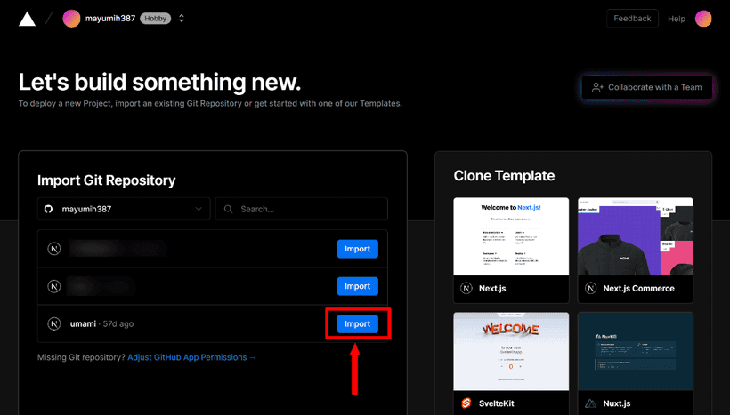 Creating a project on Vercel