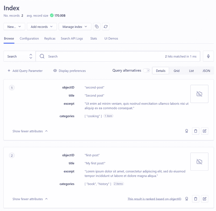 Algolia Index page