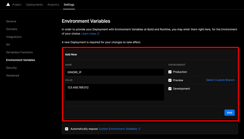 Environment variables on Vercel