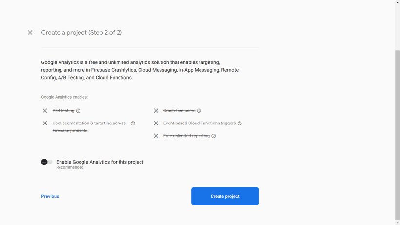 Adding a new project on Firebase