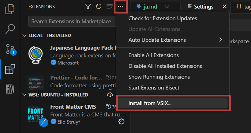 VS Code extension menu
