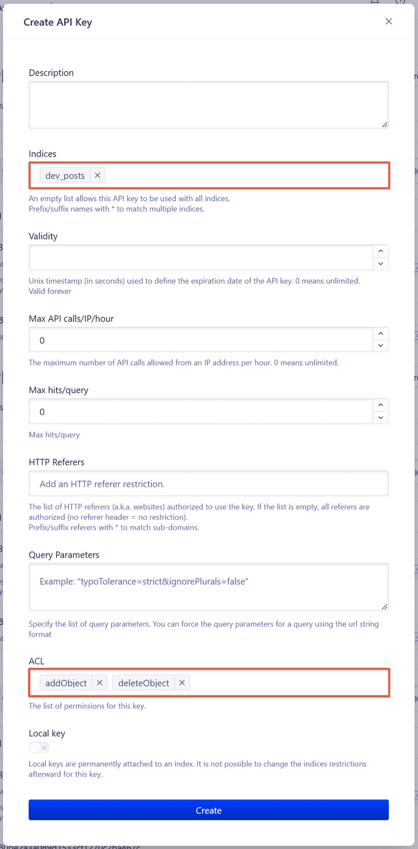 Creating API keys on Algolia