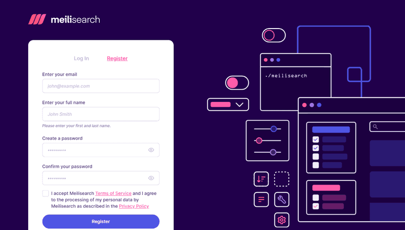 Register page of Meilisearch