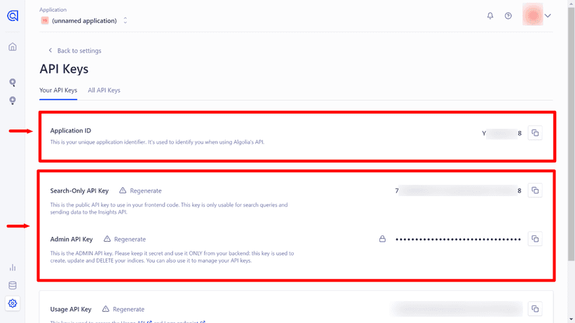 API key page on Algolia