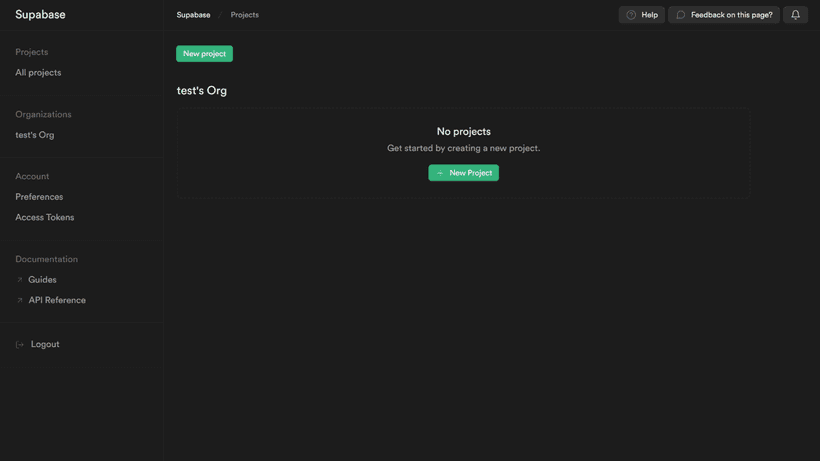 Supabase account top page