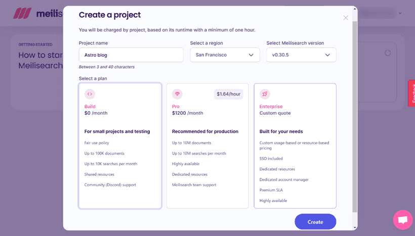 Meilisearch project creation
