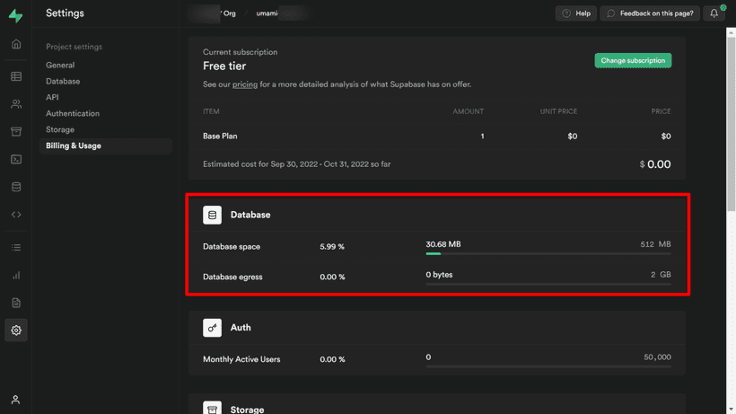 Settings page of Supabase
