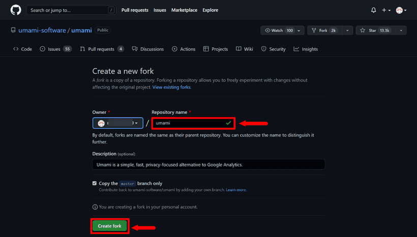 Fork Umami on GitHub