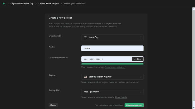 New project on Supabase